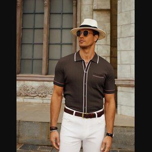 Men's Short Sleeve Full Placket RIVIERA Knit Polo Shirt Piped MOD 60s Dark Brown